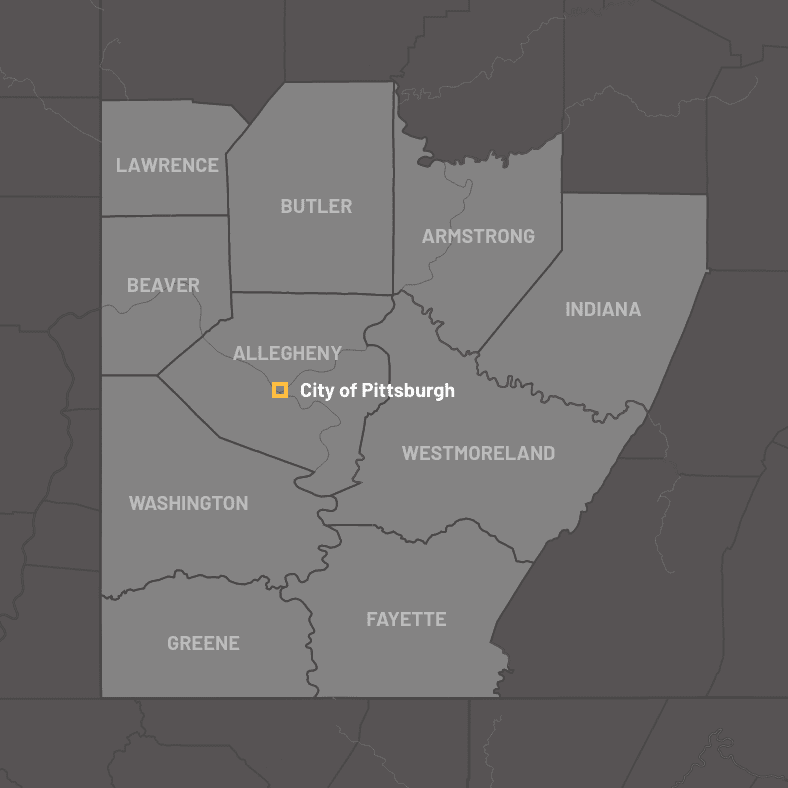A map of the city of Pittsburgh's location in relation to its surrounding counties. 