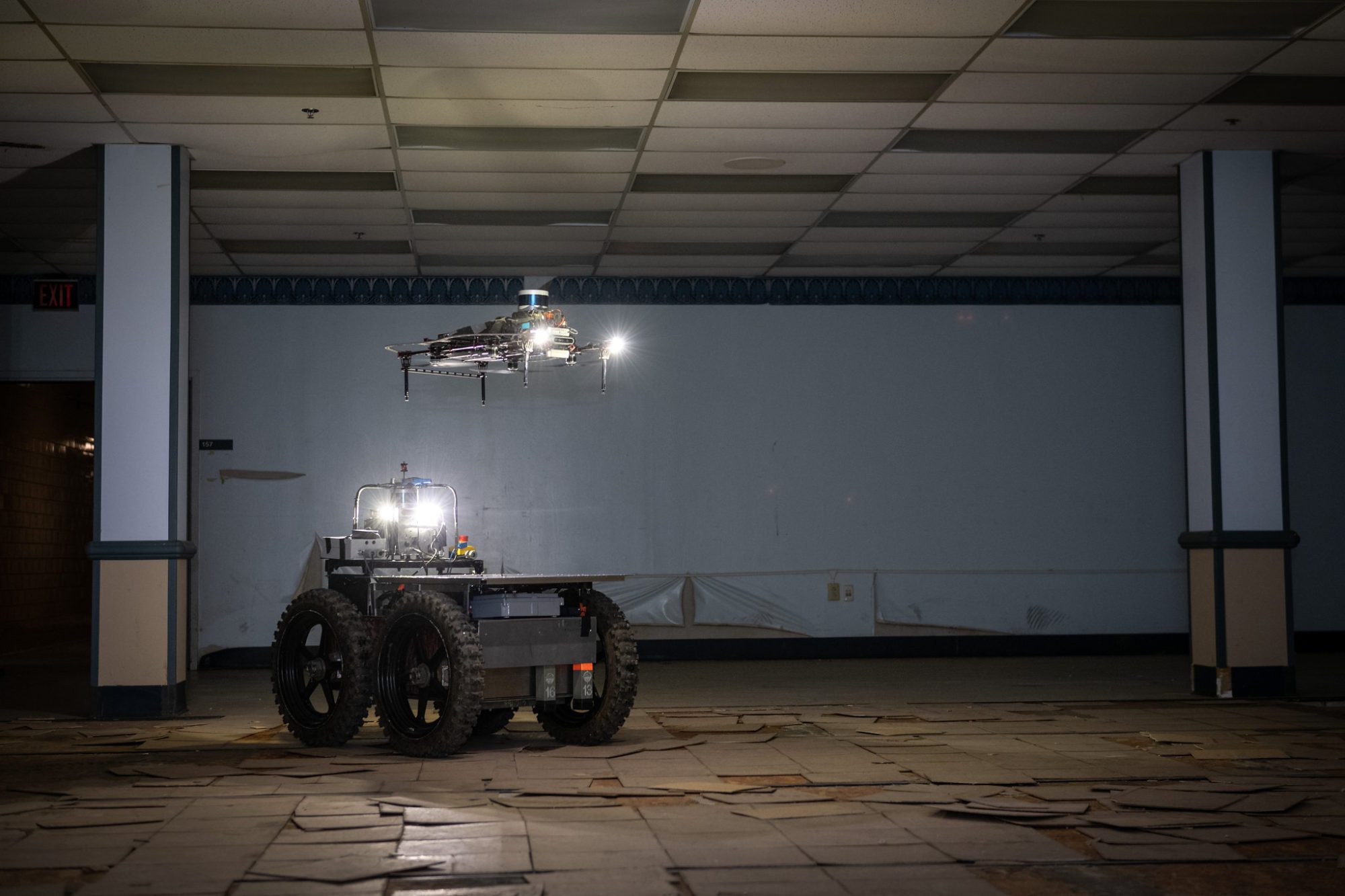 robot and drone hovering in the carnegie mellon university academic and private research