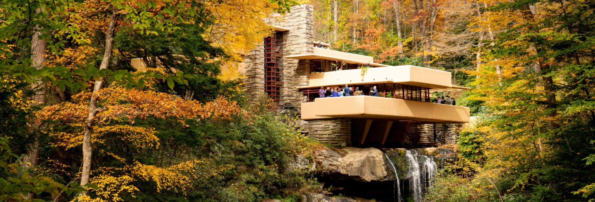 A view of Frank Lloyd Wright’s Fallingwater in the fall season. The grounds tour is one of many outdoor activities in Pittsburgh