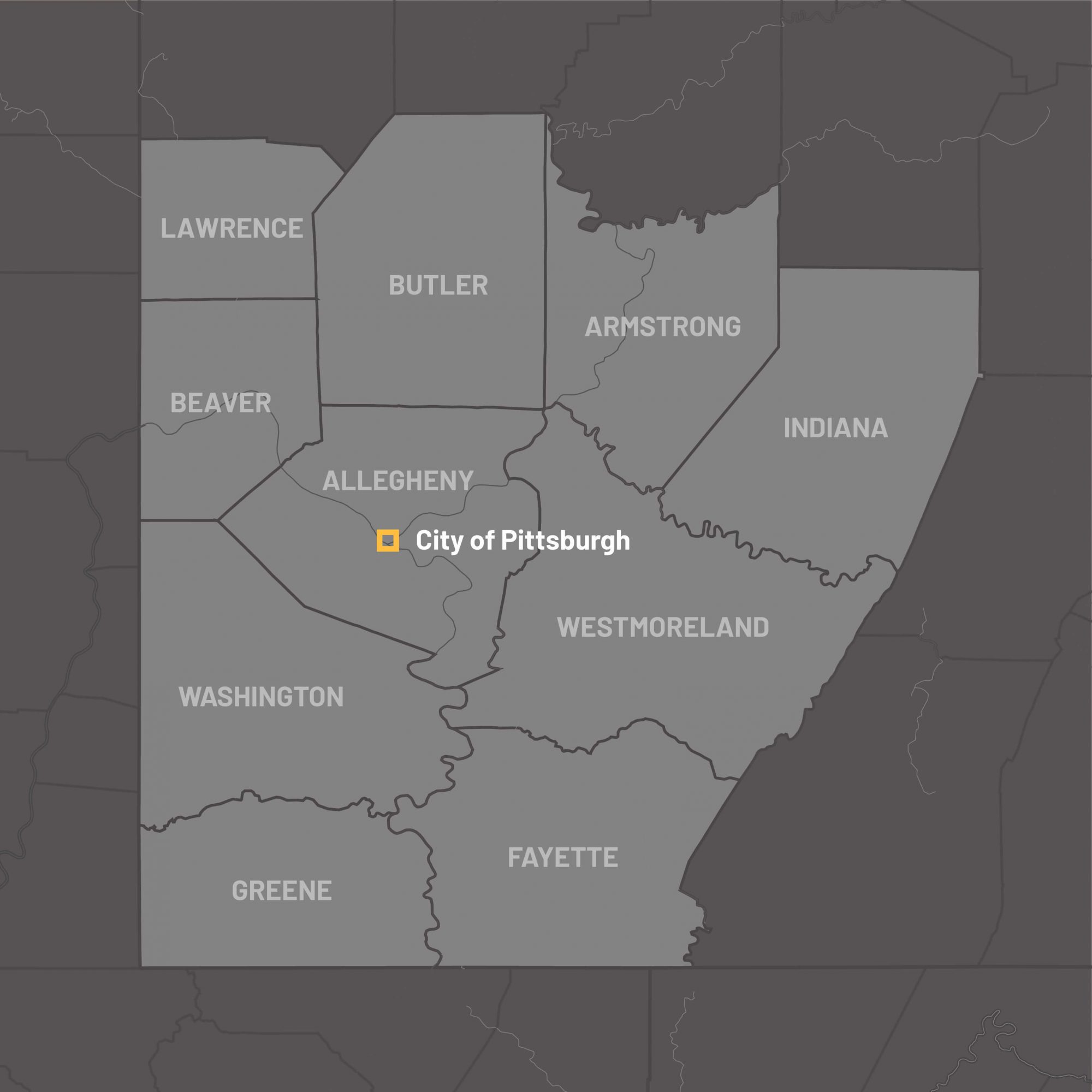 map of pittsburgh regions with city of pittsburgh highlighted, lawrence, butler, armstrong, indiana, beaver, allegheny, westmoreland, washington, greene, fayette