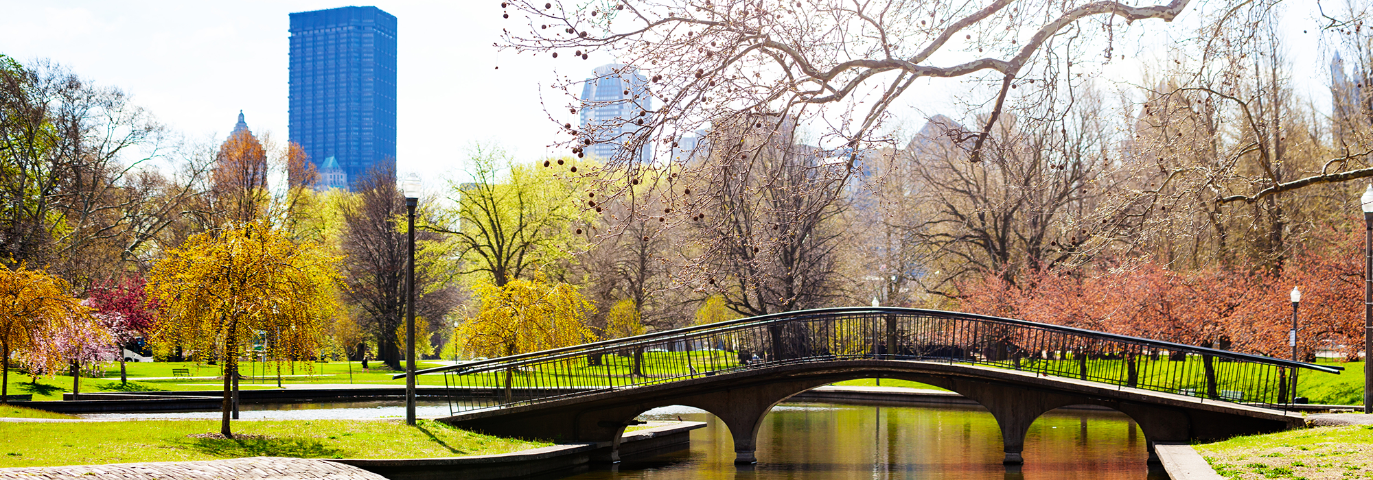 A bridge in Lake Elizabeth during spring in the city of Pittsburgh.  