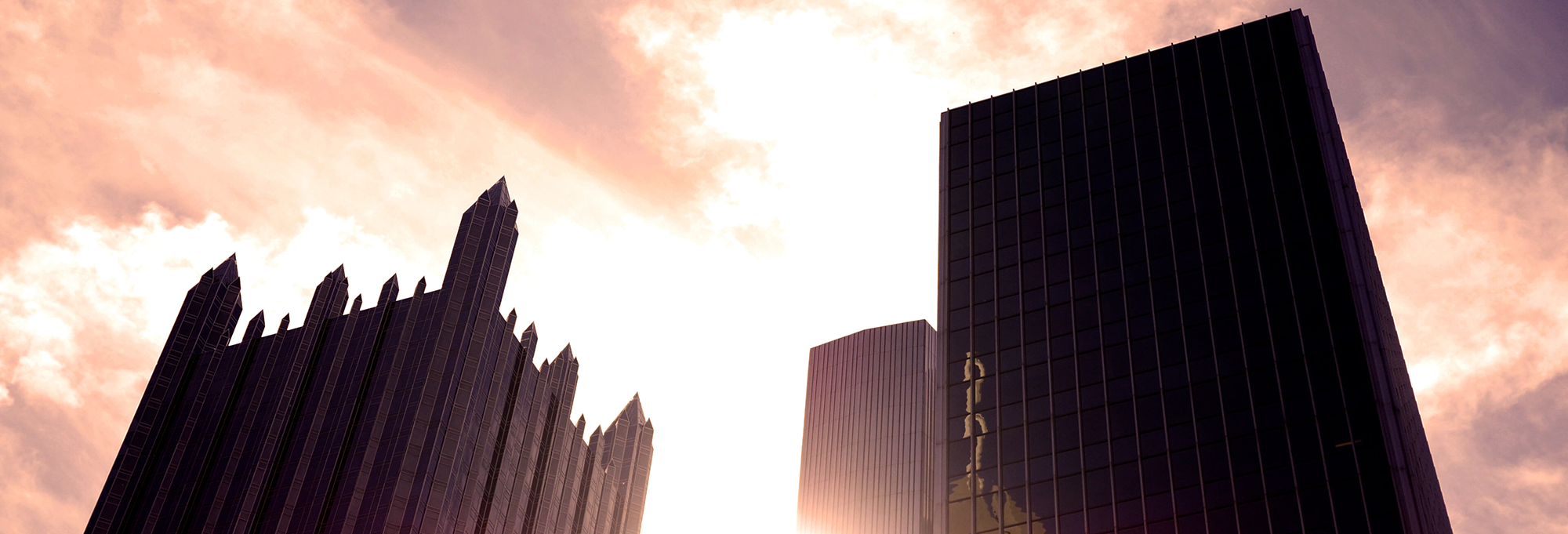 Tall Pittsburgh buildings in strong sunlight 