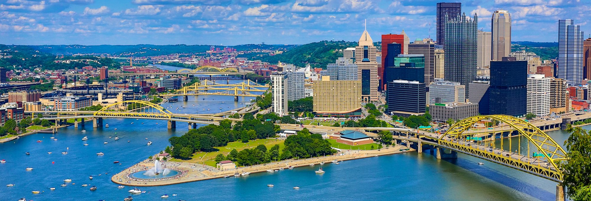 Aerial view of Pittsburgh, Pennsylvania, with a focus on the