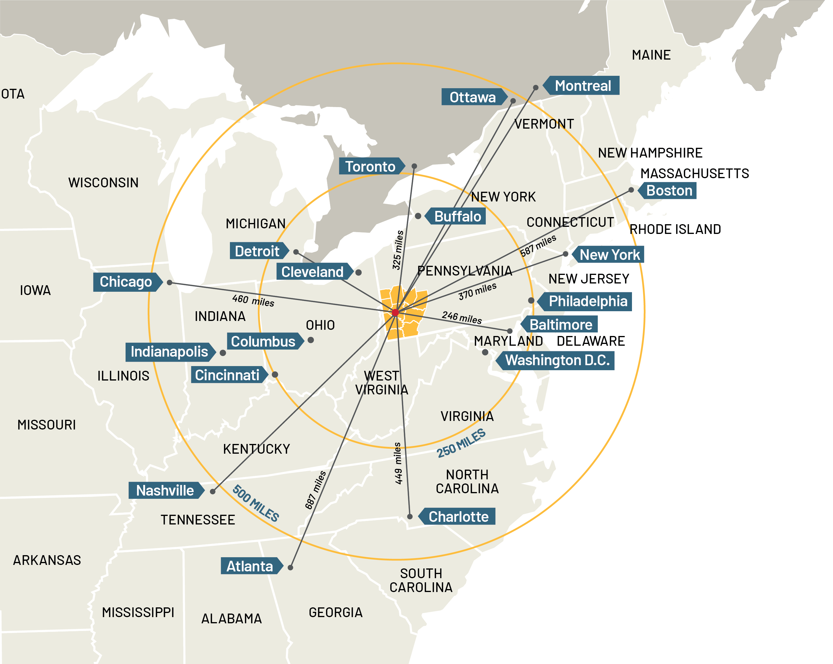 A map of the U.S. showing where Pittsburgh is located in comparison to other major cities