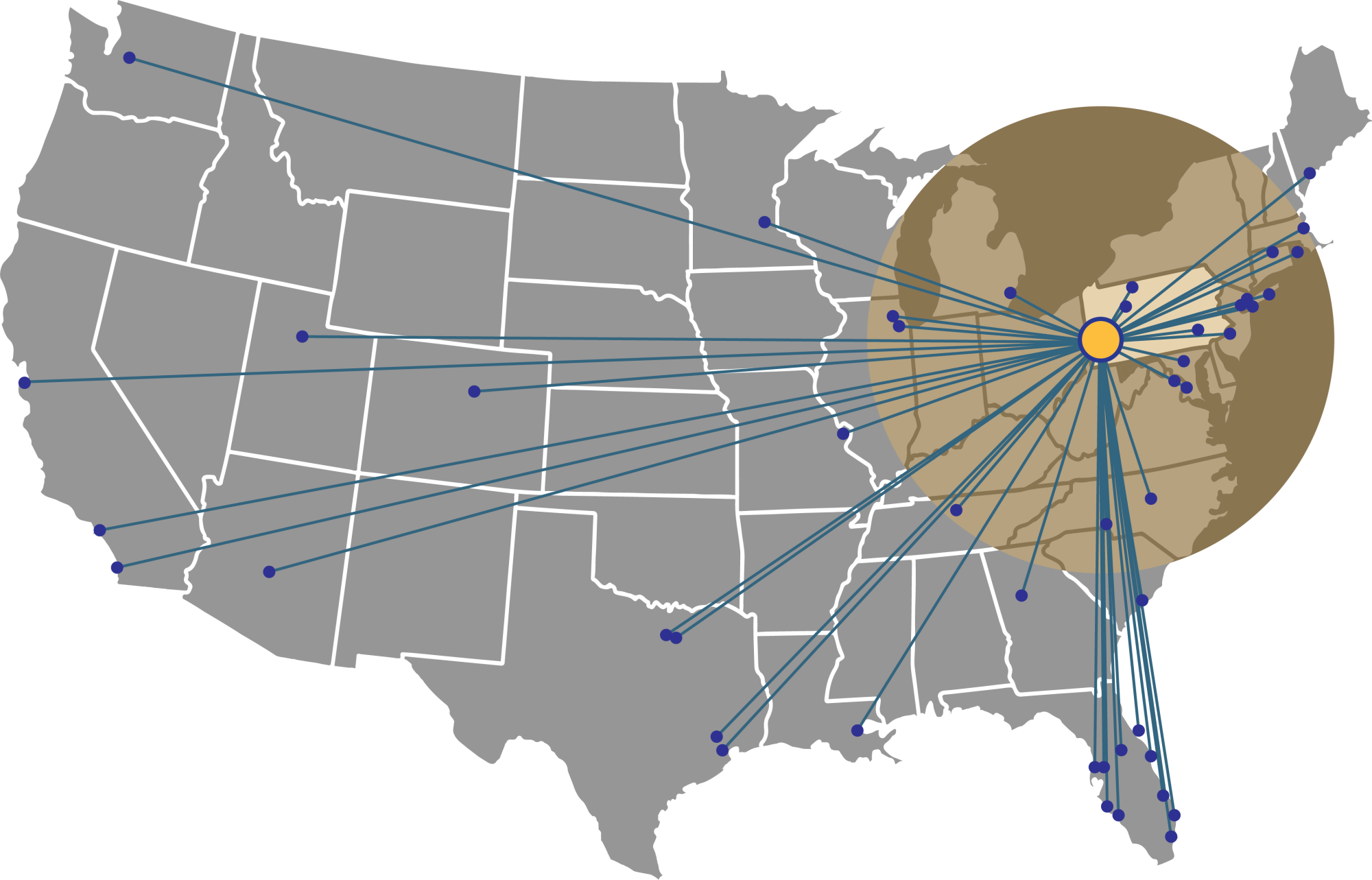 A map of the U.S., showing Pittsburgh’s direct flights