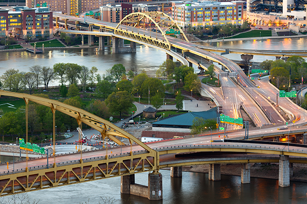 A view of Fort Duquesne Bridge and Fort Pitt Bridge over the Allegheny River and Monongahela River