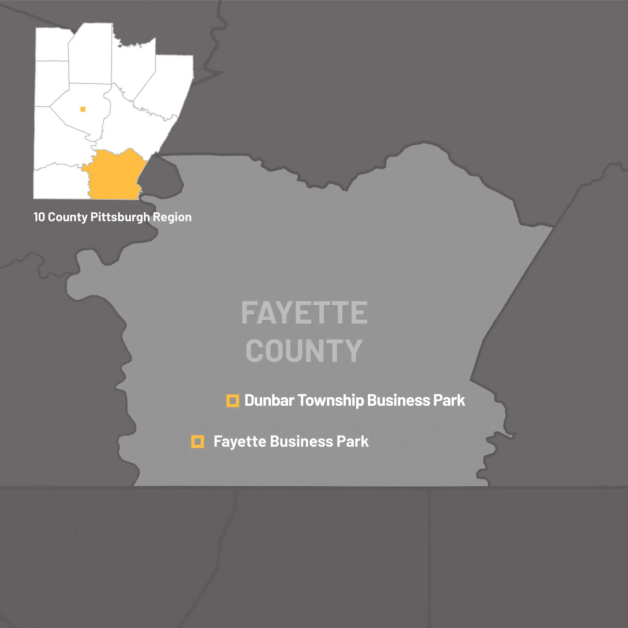 A map of Fayette County, Pennsylvania and the location of Fayette Business Park and Dunbar Township Business Park