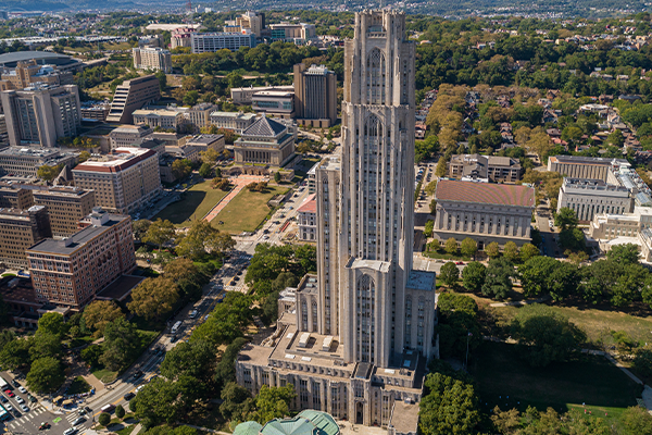 An aerial view of the Cathedral of Learning at the University of Pittsburgh