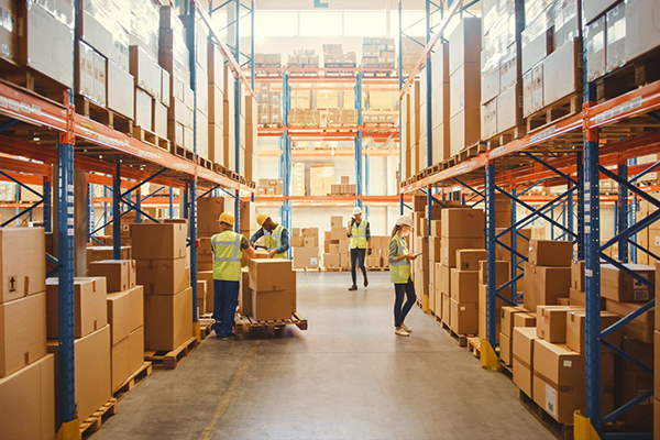 Distribution and logistics employees perform inventory management in large warehouse