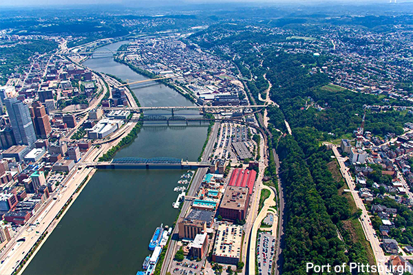 Aerial of maritime distribution centers in Pittsburgh ,PA