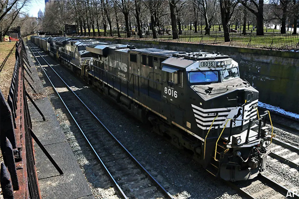 Freight train transporting raw materials outside of Pittsburgh