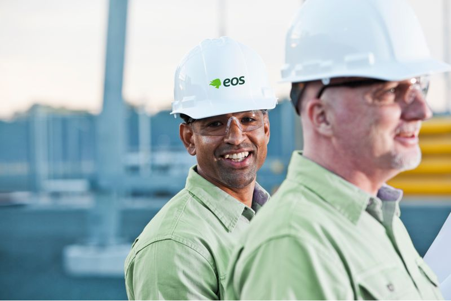Two Eos Energy Enterprises, Inc. Employees at work in hard hats