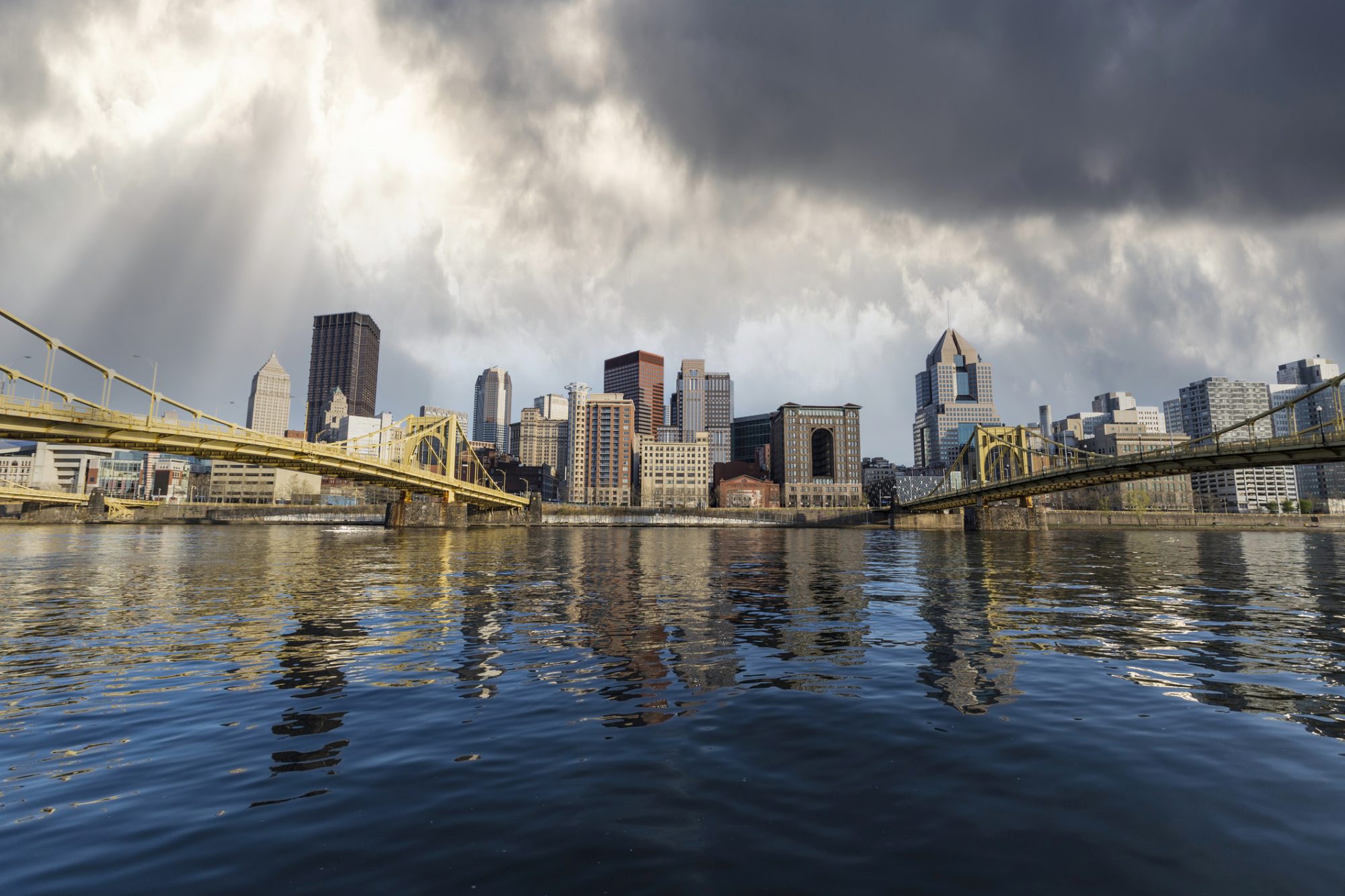 Downtown urban waterfront and bridges in Pittsburgh