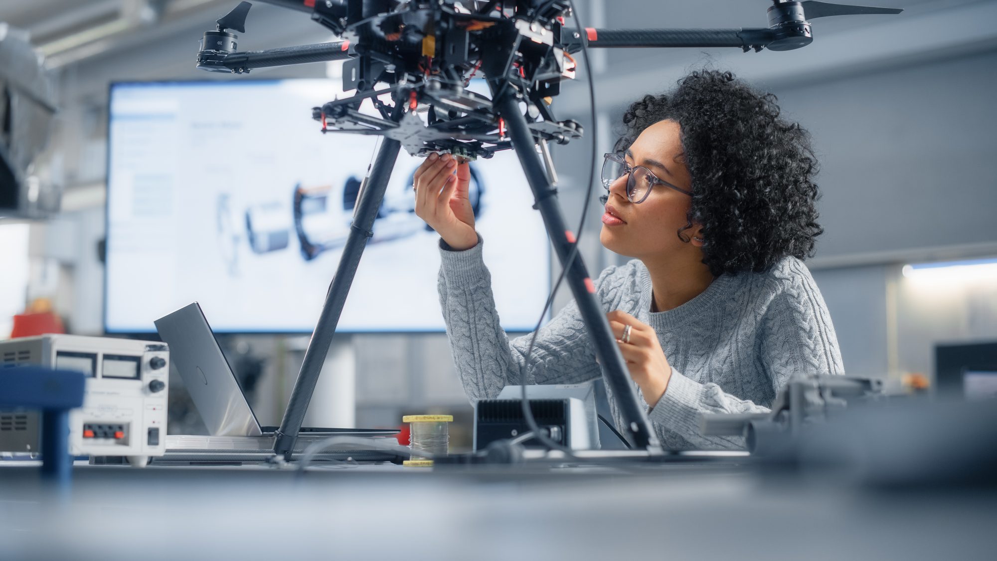 An engineer inspects drone technology in a laboratory environment