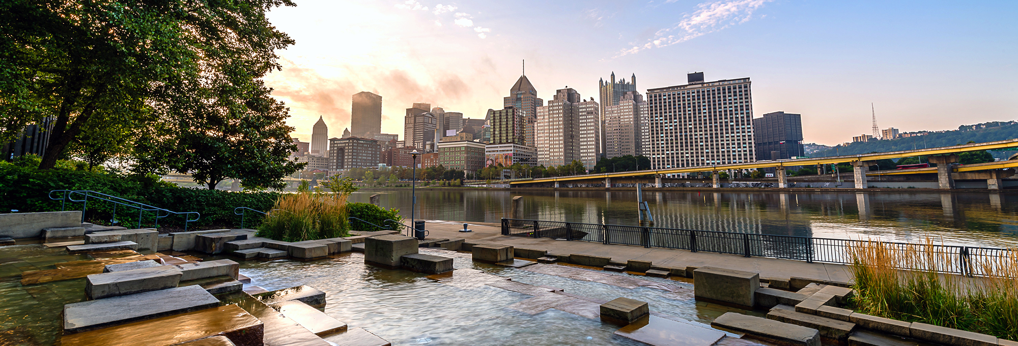 View of Downtown Pittsburgh from a water feature on the North Shore