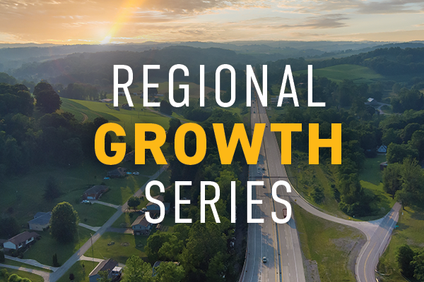 The words "Regional Growth Series" set over a sunset image with a long, rural highway, hills, and homes