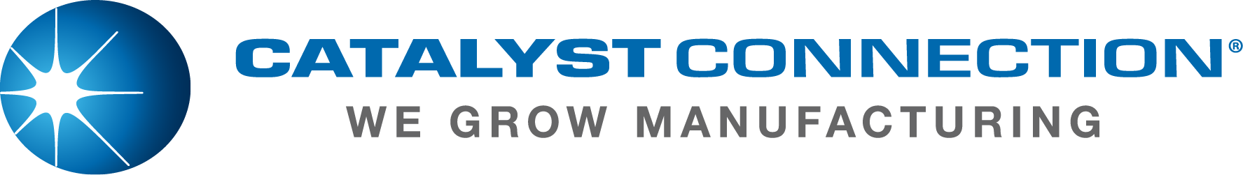 Catalyst Connection Logo A blue globe with a white sunburst is accompanied by two rows of words: Catalyst Connection in blue, and We Grow Manufacturing in black below.