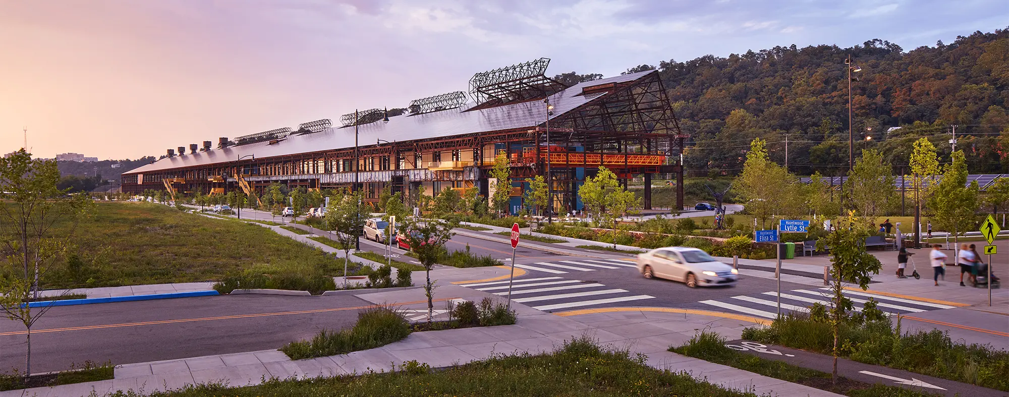A rendering of a bustling commercial and industrial shopping center